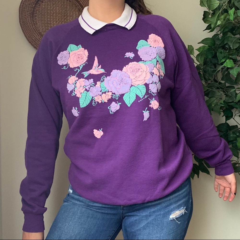 Vintage Purple Floral Hummingbird Crewneck